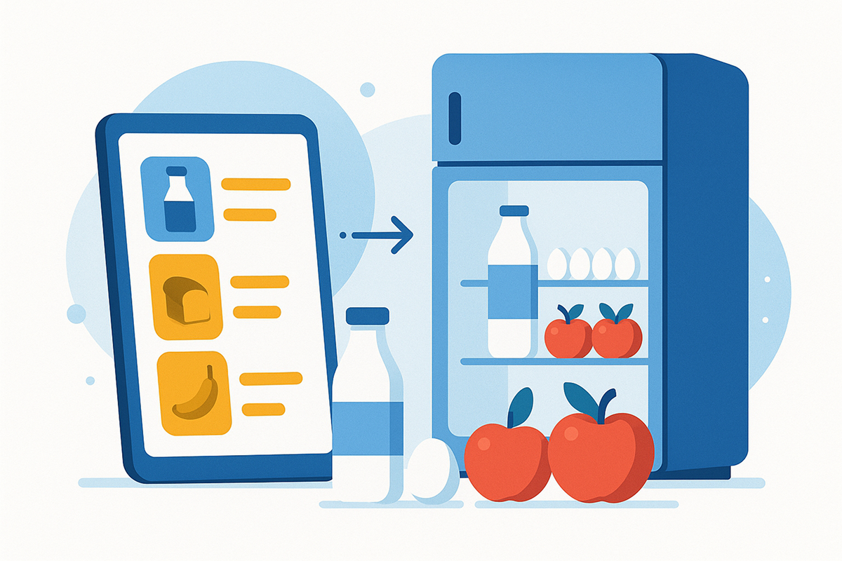 買い物リストと冷蔵庫でJSONを理解するイラスト